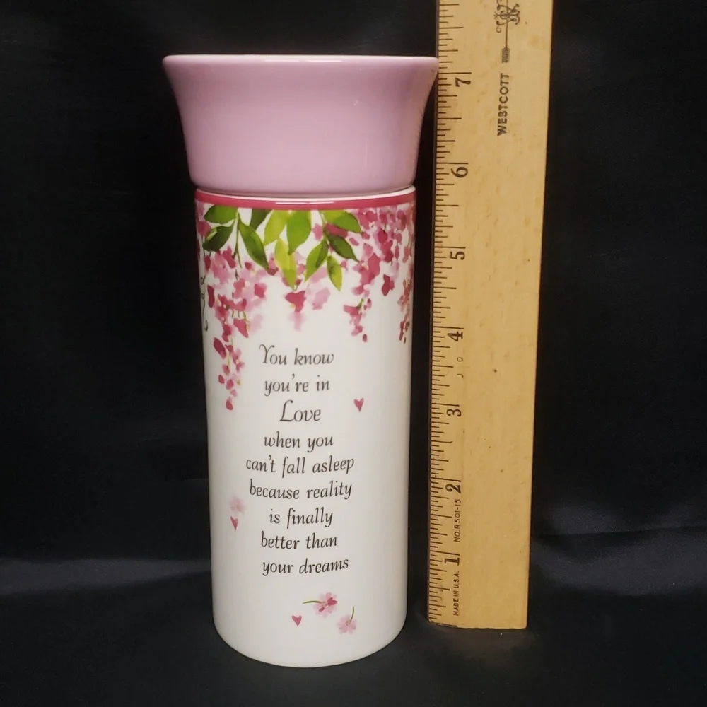 Ganz NWT Floral Ceramic Vase with Arranger and Love Quote, Pink & Ivory